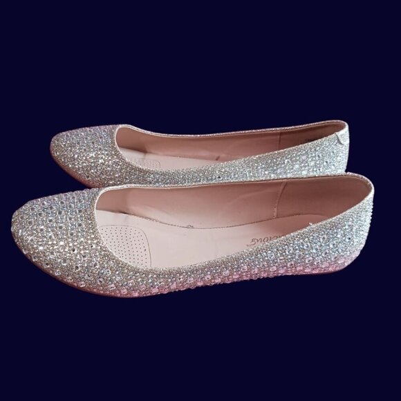 Fabulicious Rhinestone-Embellished Ballet Flats  Color Nude Glitter Mesh Size 10 - Picture 5 of 13